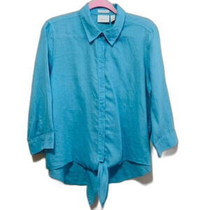 Chico's Blue Linen Button-Up Blouse with tie detail size 1/medium
